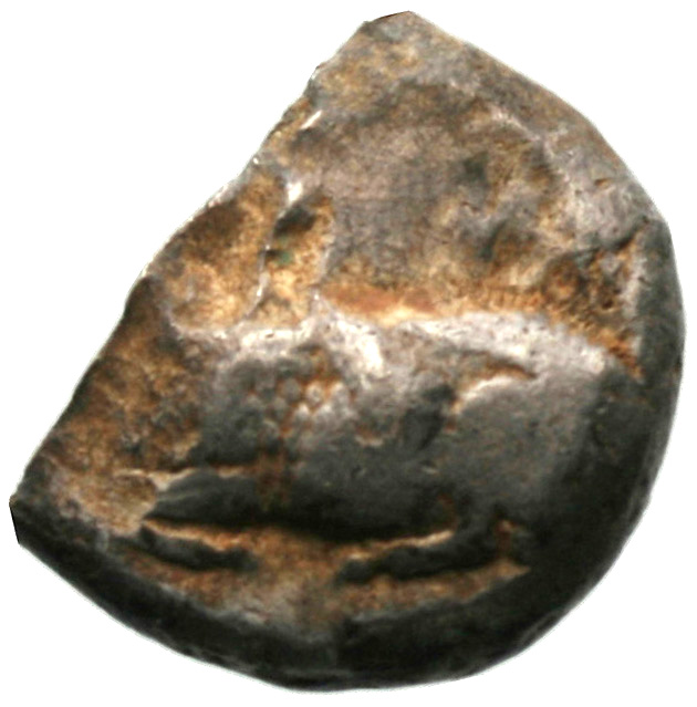 Εμπροσθότυπος 'SilCoinCy A1938, acc.no.: . Silver coin of king Evelthon's successors of Salamis 500 - 478 BC. Weight: 6.47g, Axis: 9h, Diameter: 18mm. Obverse type: Ram recumbent l.. Obverse symbol: -. Obverse legend: - in -. Reverse type: Ankh in incuse square. Reverse symbol: -. Reverse legend: ku in Cypriot syllabic.