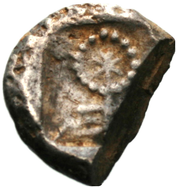 Οπισθότυπος 'SilCoinCy A1938, acc.no.: . Silver coin of king Evelthon's successors of Salamis 500 - 478 BC. Weight: 6.47g, Axis: 9h, Diameter: 18mm. Obverse type: Ram recumbent l.. Obverse symbol: -. Obverse legend: - in -. Reverse type: Ankh in incuse square. Reverse symbol: -. Reverse legend: ku in Cypriot syllabic.