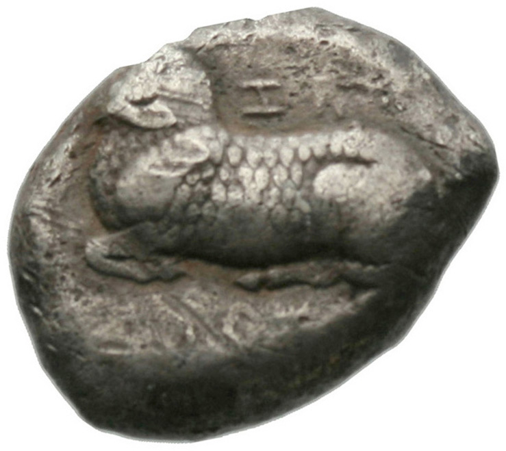 Εμπροσθότυπος 'SilCoinCy A1942, acc.no.: . Silver coin of king Evelthon of Salamis 525 - 500 BC. Weight: 10.96g, Axis: 11h, Diameter: 21mm. Obverse type: Ram recumbent l.. Obverse symbol: -. Obverse legend: u-we in Cypriot syllabic. Reverse type: Smooth. Reverse symbol: -. Reverse legend: - in -.