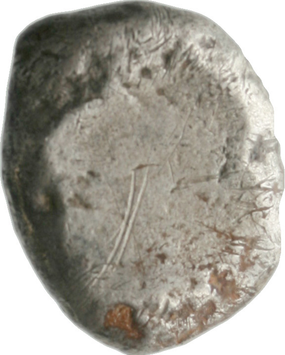 Οπισθότυπος 'SilCoinCy A1942, acc.no.: . Silver coin of king Evelthon of Salamis 525 - 500 BC. Weight: 10.96g, Axis: 11h, Diameter: 21mm. Obverse type: Ram recumbent l.. Obverse symbol: -. Obverse legend: u-we in Cypriot syllabic. Reverse type: Smooth. Reverse symbol: -. Reverse legend: - in -.