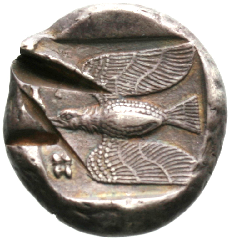 Οπισθότυπος 'SilCoinCy A1944, acc.no.: . Silver coin of king Onasi(-) of Paphos . Weight: 11.24g, Axis: 12h, Diameter: 22mm. Obverse type: Bull standing l.; above winged solar disk; to l. ankh. Obverse symbol: -. Obverse legend: - in -. Reverse type: Eagle flying l.; astragalos below. Reverse symbol: -. Reverse legend: - in -.