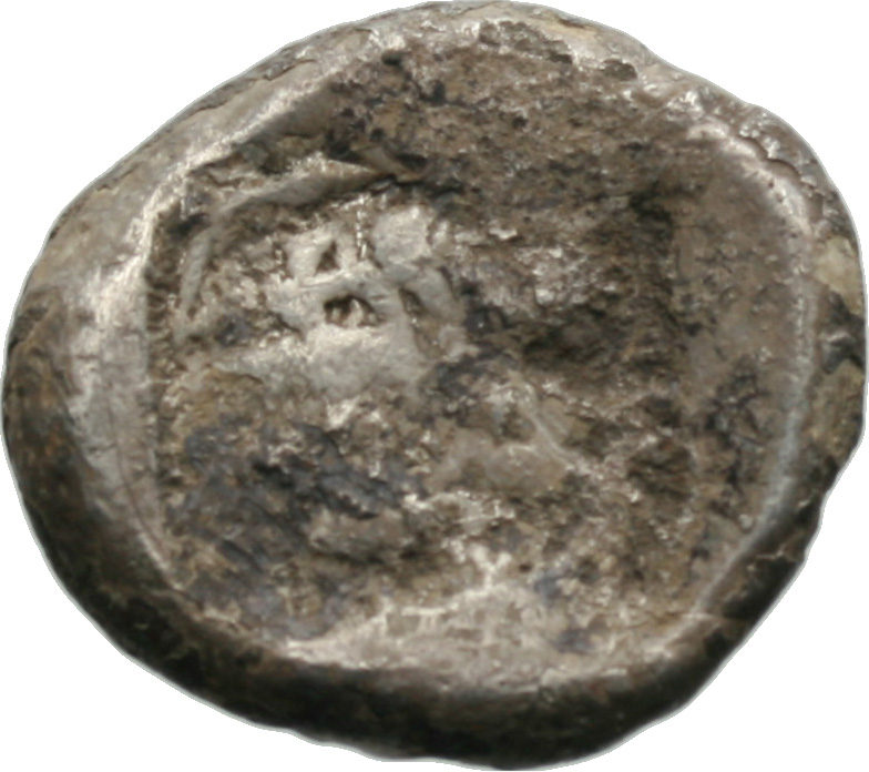 Οπισθότυπος 'SilCoinCy A1946, acc.no.: . Silver coin of king Uncertain king of Lapethos of Lapethos 500 - 470 BC. Weight: 10.93g, Axis: 12h, Diameter: 23mm. Obverse type: Female head r. with long hair and circular earring. Obverse symbol: -. Obverse legend: - in -. Reverse type: Athena head l. with corinthian helmet. Reverse symbol: -. Reverse legend: - in -.