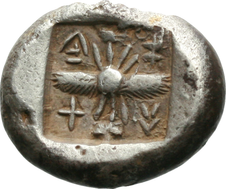 Οπισθότυπος 'SilCoinCy A1990, acc.no.: no number. Silver coin of king Philothemis of Uncertain Cypriot mint  - . Weight: 0.16g, Axis: -, Diameter: -. Obverse type: -. Obverse symbol: -. Obverse legend: te-mi in Cypriot syllabic. Reverse type: Winged solar disc with rays above and below. Reverse symbol: -. Reverse legend: pa-si / pi-lt in Cypriot syllabic.