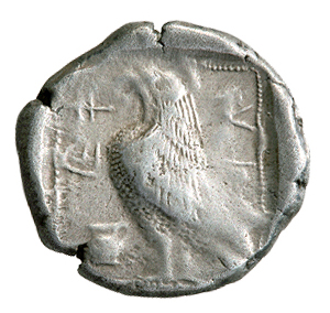 Οπισθότυπος 'SilCoinCy A5001, acc.no.: 7581. Silver coin of king Stasandros of Paphos 460 - ?. Weight: 11.01g, Axis: 6h, Diameter: 22mm. Obverse type: Ταύρος βαδίζει (α). Obverse symbol: -. Obverse legend: - in -. Reverse type: Αετός ιστάμενος (α) με κλειστά φτερά. Reverse symbol: -. Reverse legend: pa-si / sa-ta in Cypriot syllabic.