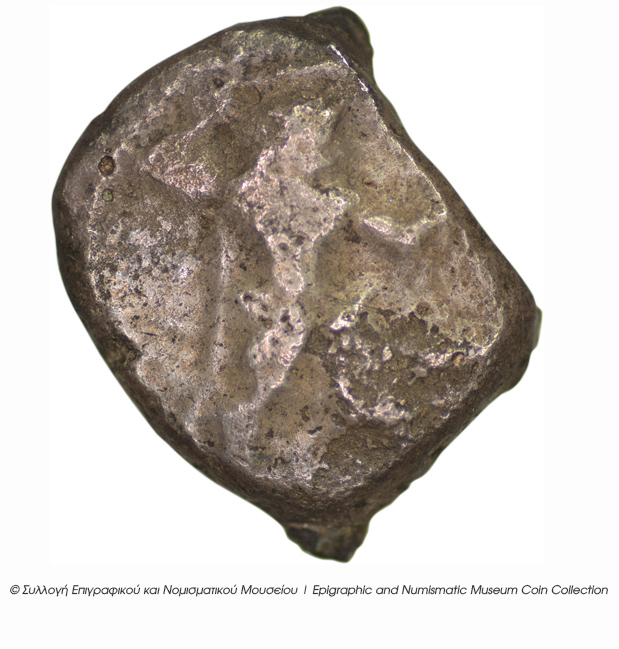 Εμπροσθότυπος 'SilCoinCy B3, Kyrou Collection, acc.no.: ΒΠ 1989 - 3. Silver coin of king Baalmilk I of Kition 475 - 450 BC. Weight: 10.69g, Axis: 10h, Diameter: 21mm. Obverse type: Herakles walking r.. Obverse symbol: -. Obverse legend: - in -. Reverse type: Lion seated r.. Reverse symbol: -. Reverse legend: lbl'mlk in Phoenician. 'Les monnaies chypriotes dans la collection d'Adonis Kyrou'.