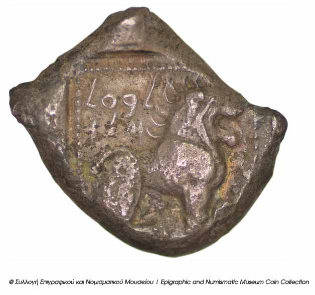 Οπισθότυπος 'SilCoinCy B3, Kyrou Collection, acc.no.: ΒΠ 1989 - 3. Silver coin of king Baalmilk I of Kition 475 - 450 BC. Weight: 10.69g, Axis: 10h, Diameter: 21mm. Obverse type: Herakles walking r.. Obverse symbol: -. Obverse legend: - in -. Reverse type: Lion seated r.. Reverse symbol: -. Reverse legend: lbl'mlk in Phoenician. 'Les monnaies chypriotes dans la collection d'Adonis Kyrou'.